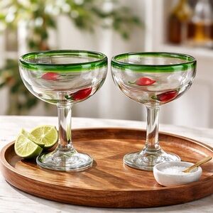 Mexican Hand-Blown Margarita Glasses With Red Pepper Design Set Of 2